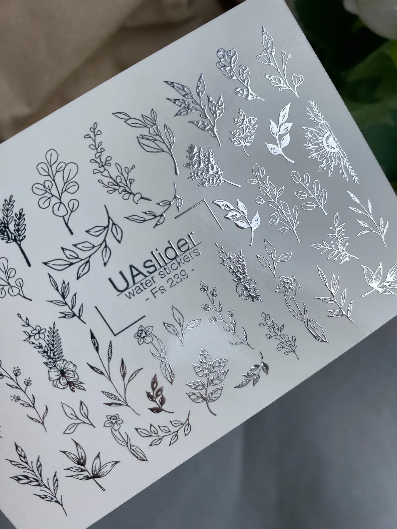 Slider-Design FS 239 | Water Stickers mit Silberfolie | Botanical Minimal