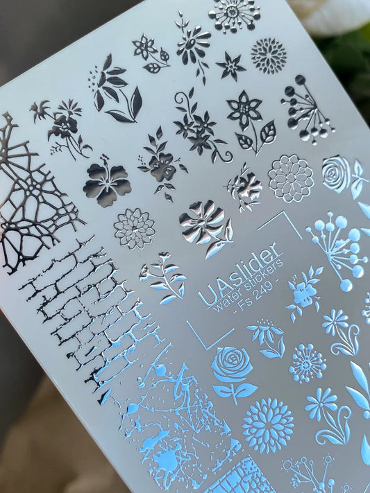 Slider-Design FS 249 | Wasser-Decals mit Silberfolie | Florale Elemente & Texturen