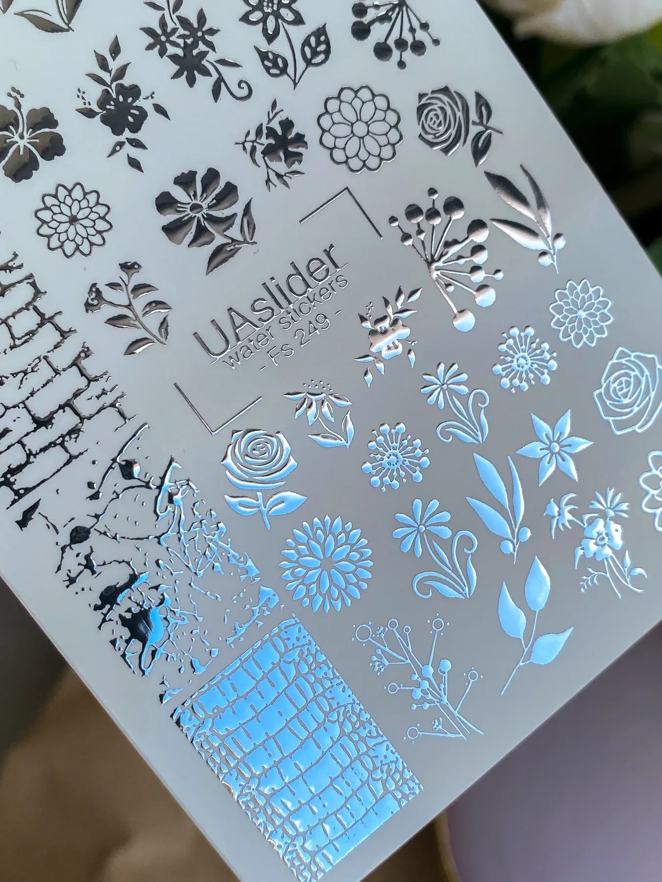 Slider-Design FS 249 | Wasser-Decals mit Silberfolie | Florale Elemente & Texturen