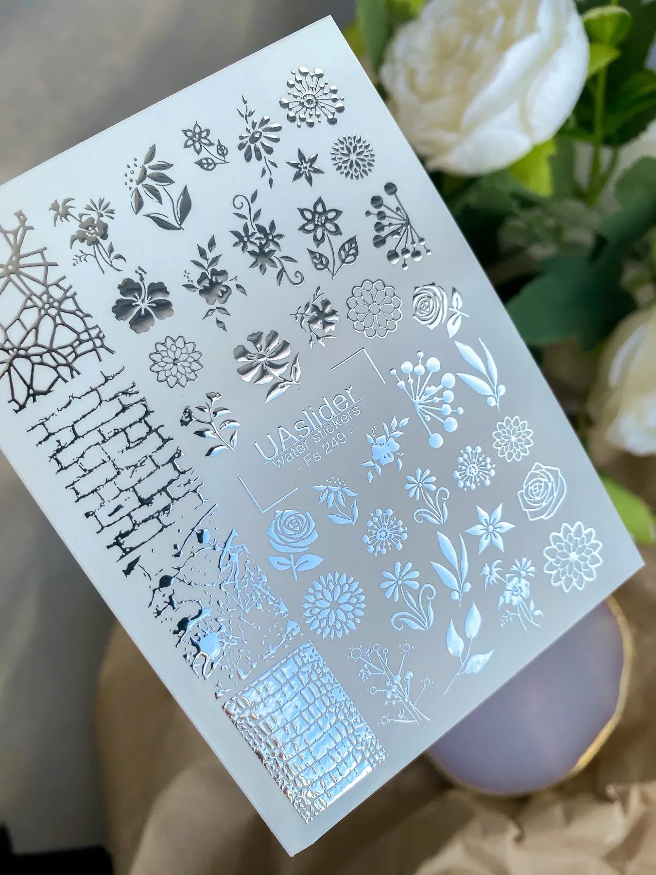 Slider-Design FS 249 | Wasser-Decals mit Silberfolie | Florale Elemente & Texturen