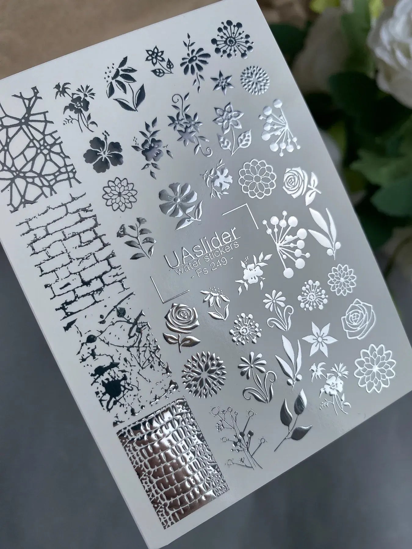 Slider-Design FS 249 | Wasser-Decals mit Silberfolie | Florale Elemente & Texturen