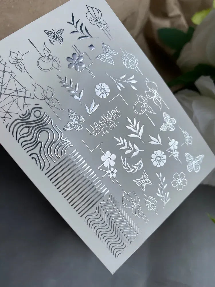 Slider-Design FS 251 | Wasser-Decals mit Silberfolie | Floral Line Art & Geometry