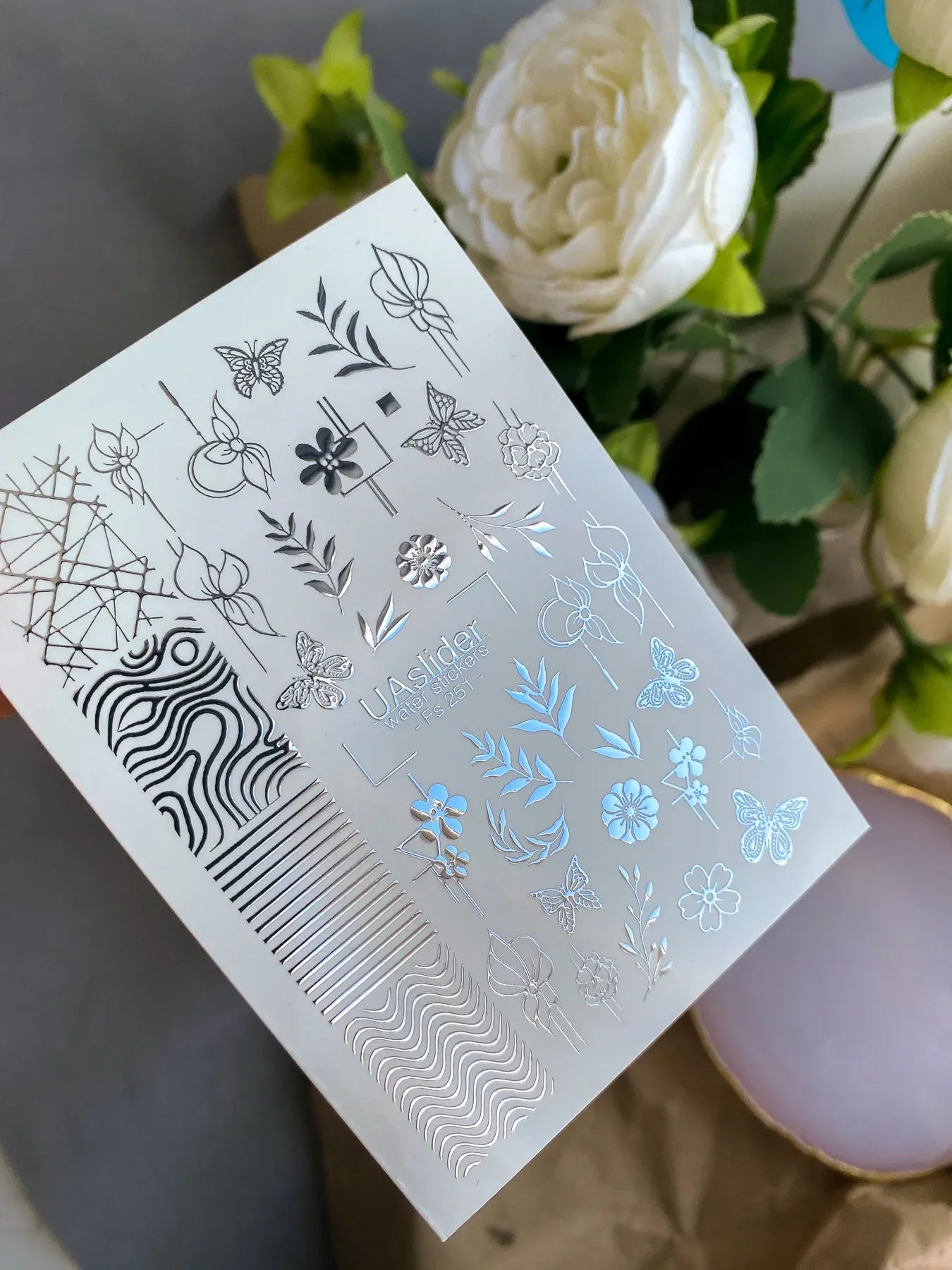 Slider-Design FS 251 | Wasser-Decals mit Silberfolie | Floral Line Art & Geometry