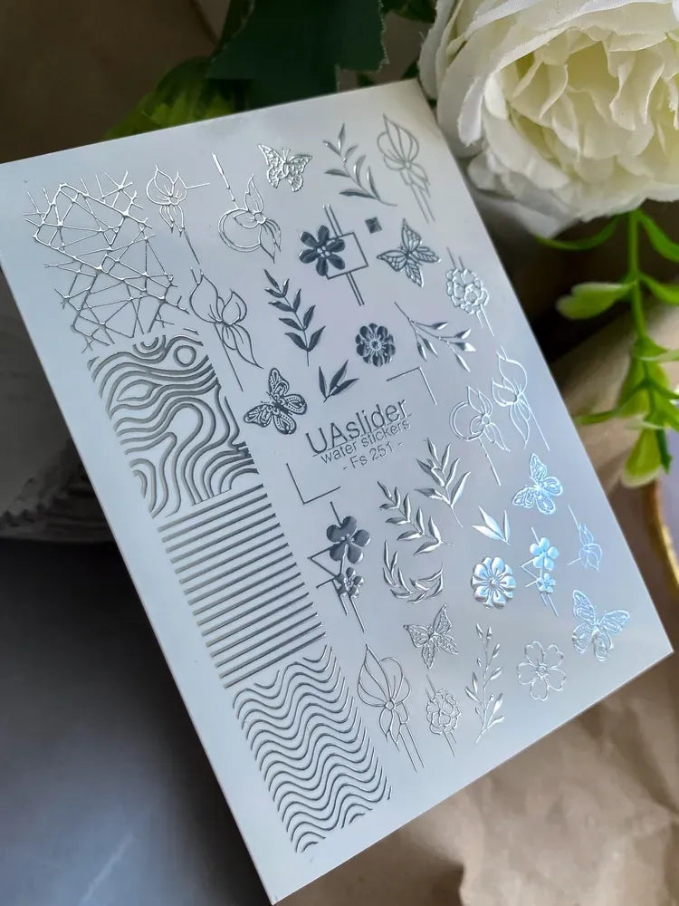 Slider-Design FS 251 | Wasser-Decals mit Silberfolie | Floral Line Art & Geometry