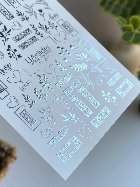 Slider-Design FS 257 | Wasser-Decals mit Silberfolie | Florale Elemente & Love-Details