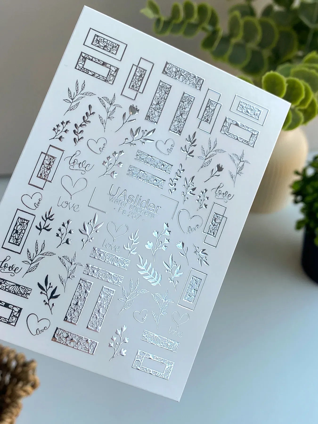 Slider-Design FS 257 | Wasser-Decals mit Silberfolie | Florale Elemente & Love-Details