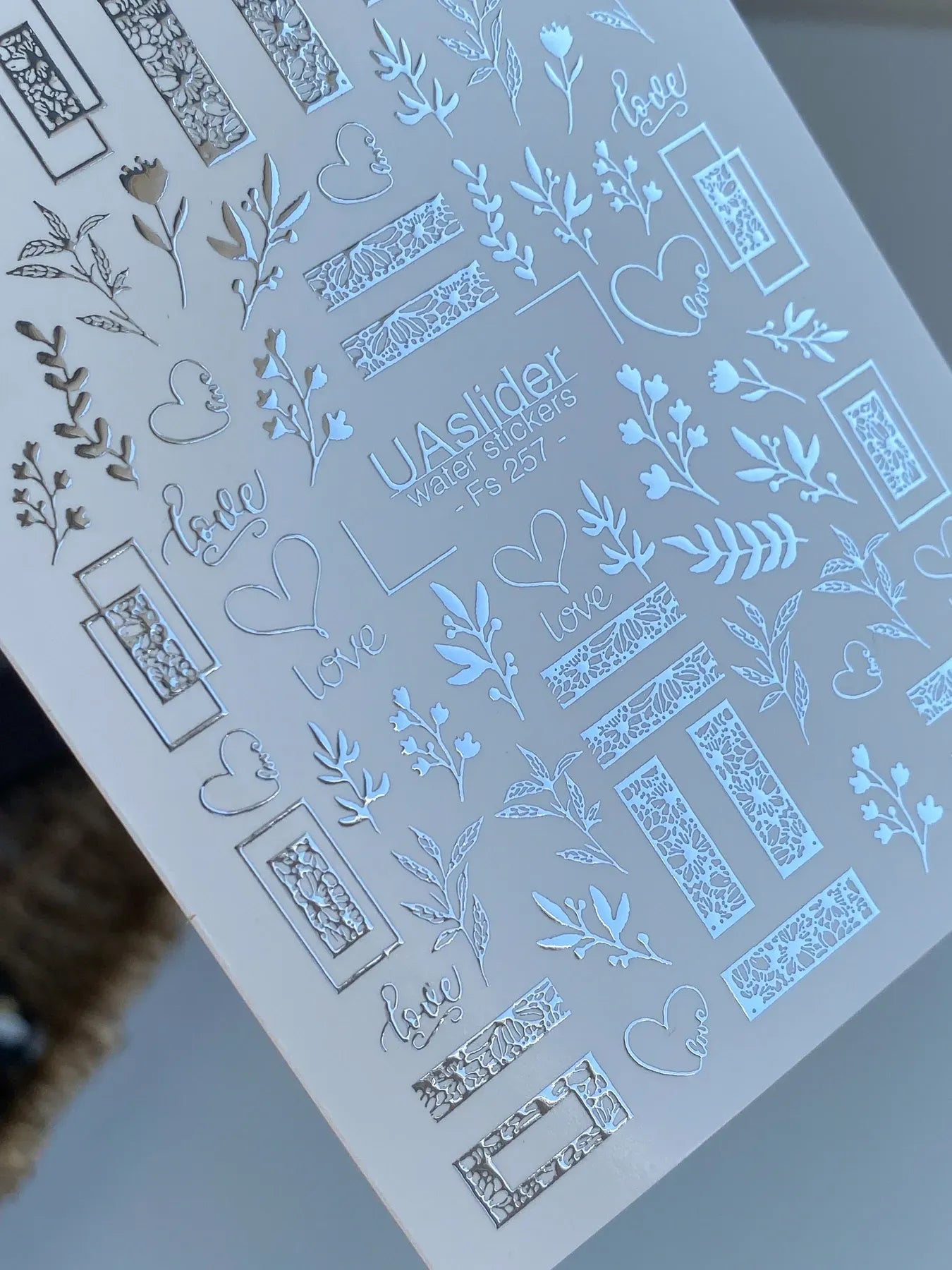 Slider-Design FS 257 | Wasser-Decals mit Silberfolie | Florale Elemente & Love-Details