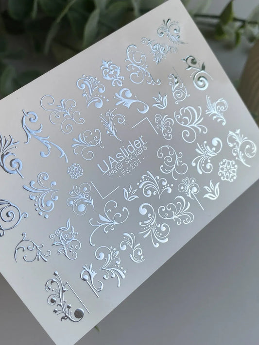 Slider-Design FS 261 | Wasser-Decals mit Silberfolie | Barocke Ornamente & Filigrane Schnörkel