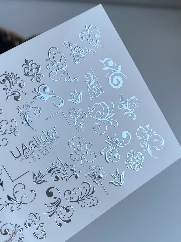 Slider-Design FS 261 | Wasser-Decals mit Silberfolie | Barocke Ornamente & Filigrane Schnörkel