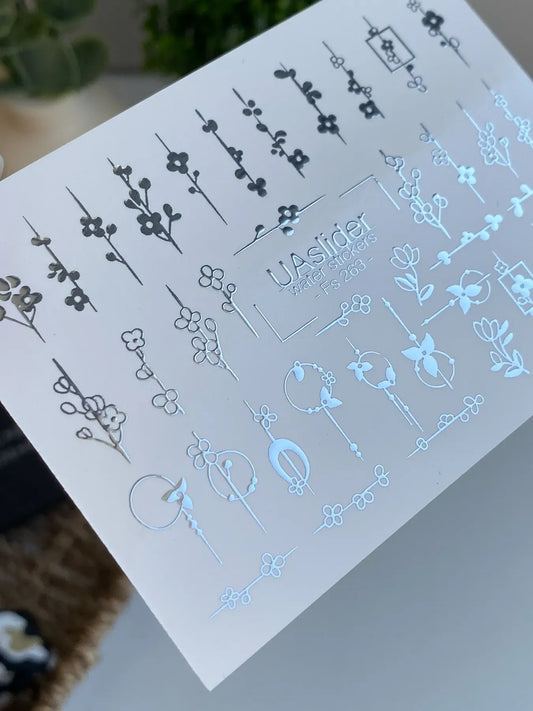 Slider-Design FS 263 | Wasser-Decals mit Silberfolie | Line Art Blumen & Rahmen
