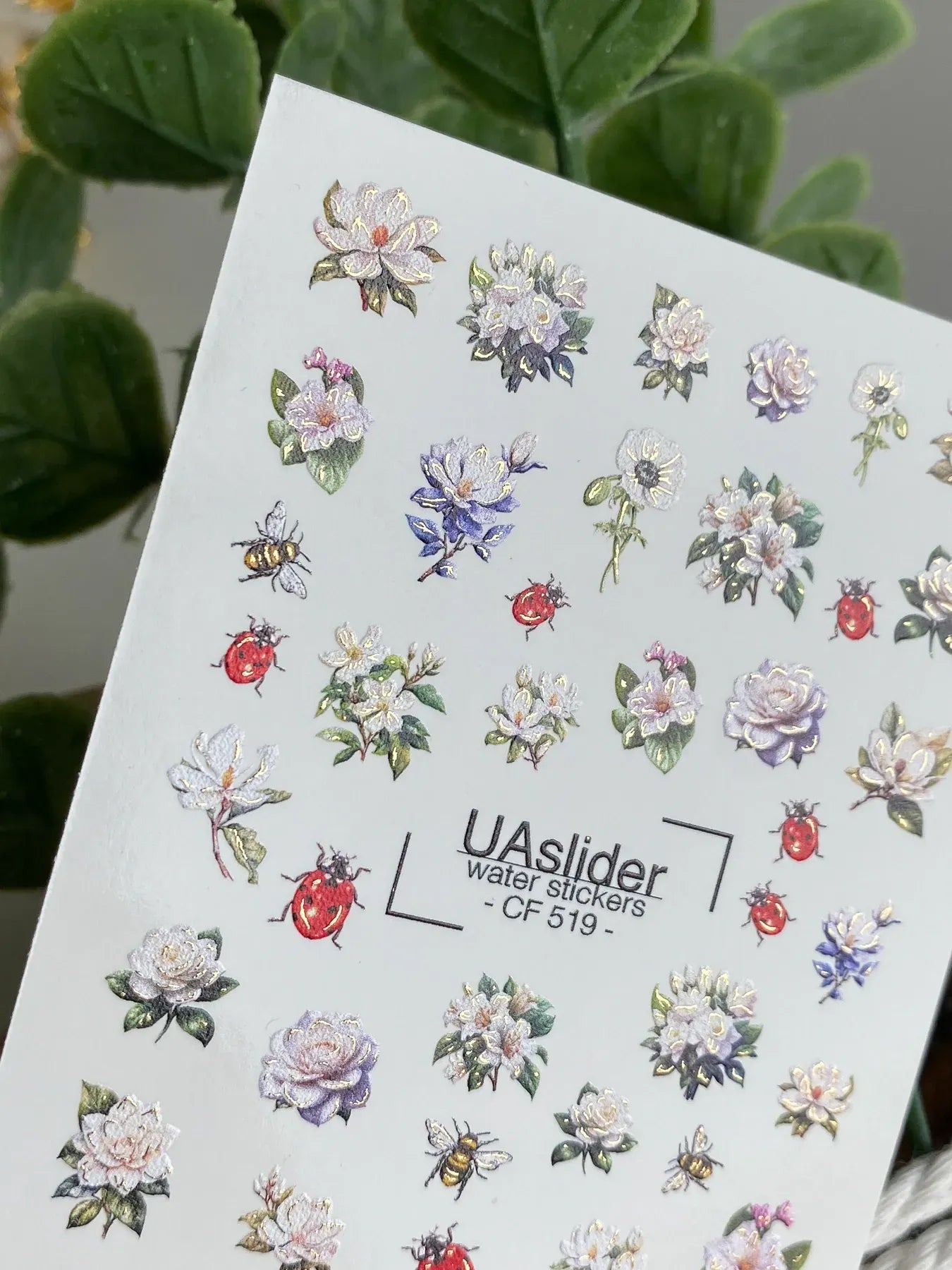 Slider-Design CF 519 | Wasser-Decals mit Foil-Akzenten | Weiße Blüten & Insekten