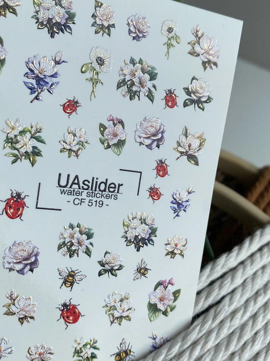 Slider-Design CF 519 | Wasser-Decals mit Foil-Akzenten | Weiße Blüten & Insekten