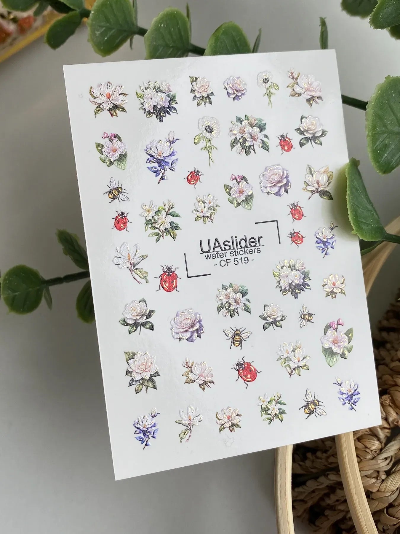 Slider-Design CF 519 | Wasser-Decals mit Foil-Akzenten | Weiße Blüten & Insekten