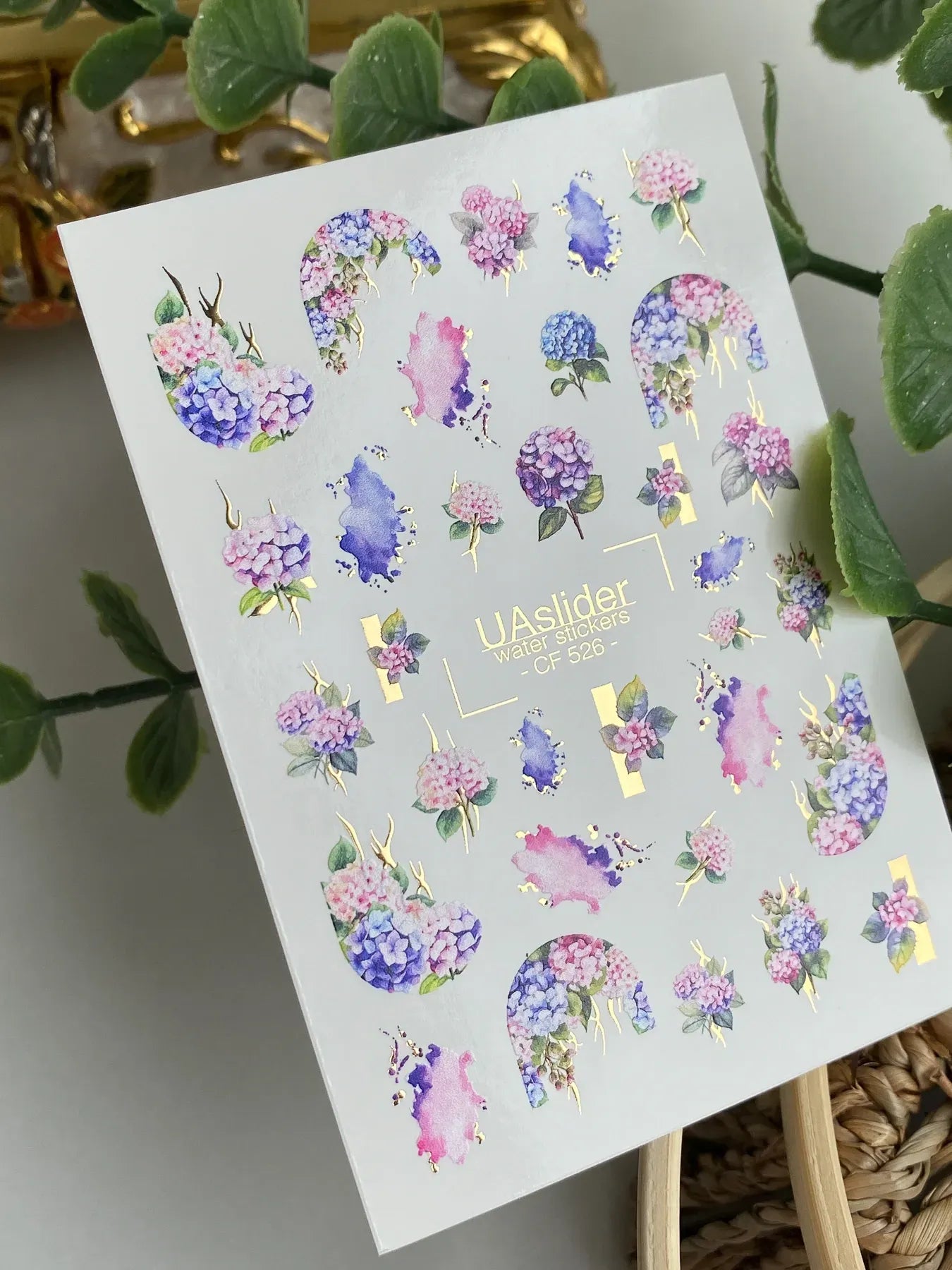 Slider-Design CF 526 | Wasser-Decals mit Goldfolie | Hydrangea & Watercolor Florals