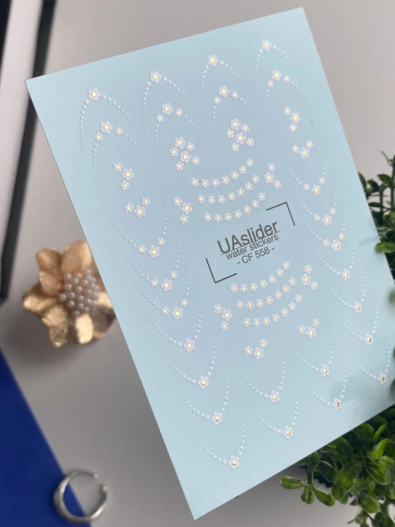 Slider-Design CF 558 | Wasser-Decals mit Goldfolie | Pearl Dots & Mini Flowers