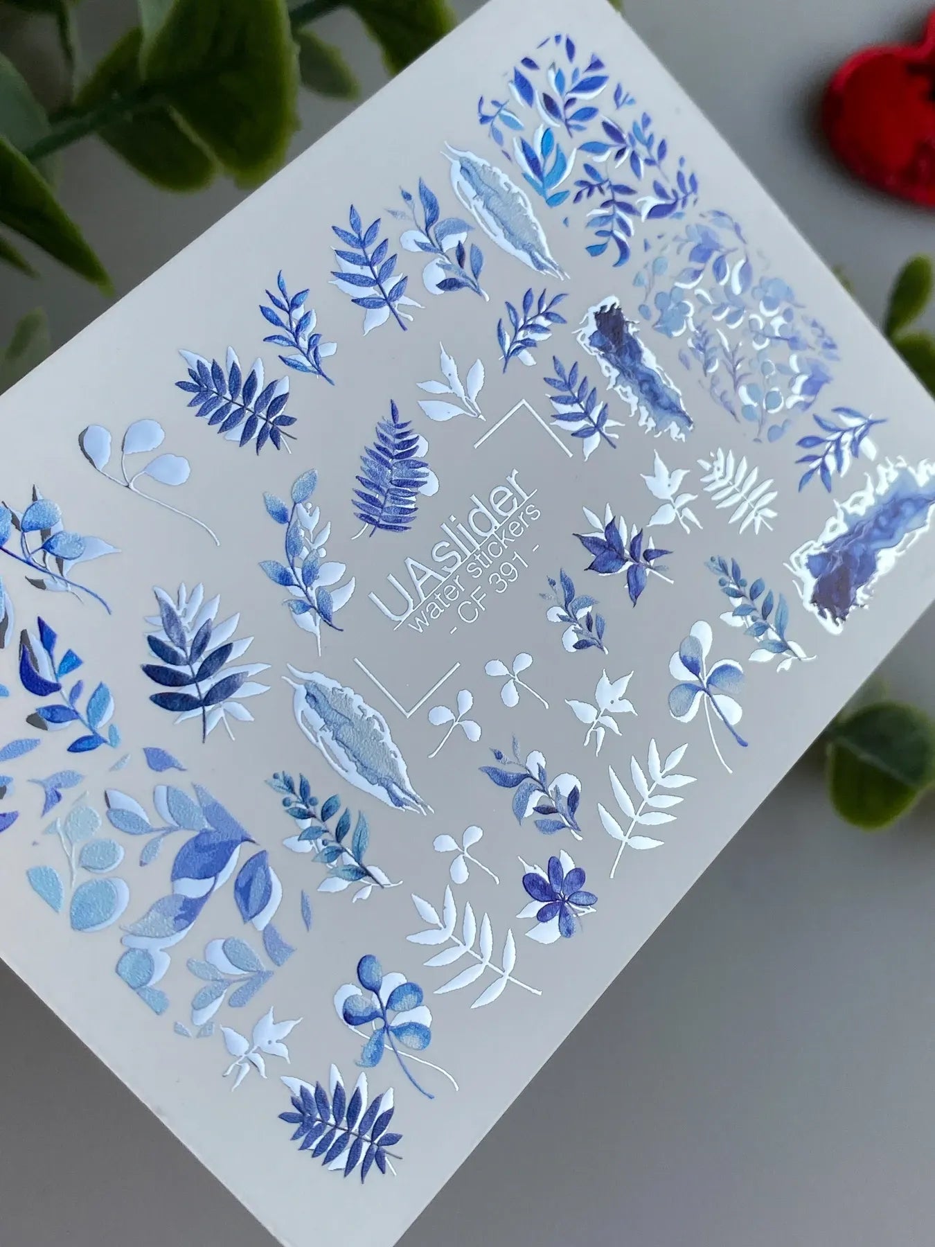 Slider-Design CF 391 | Wasser-Decals mit Foil-Effekt | Blue Botanical Leaves