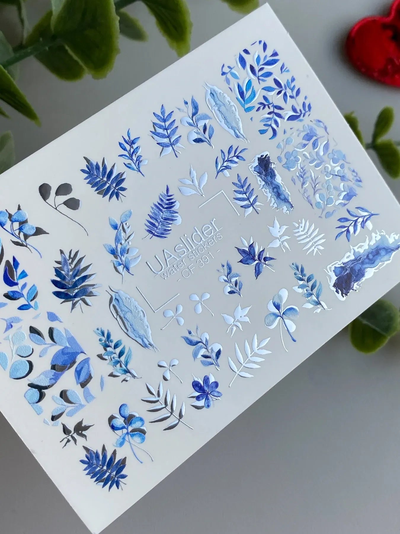 Slider-Design CF 391 | Wasser-Decals mit Foil-Effekt | Blue Botanical Leaves