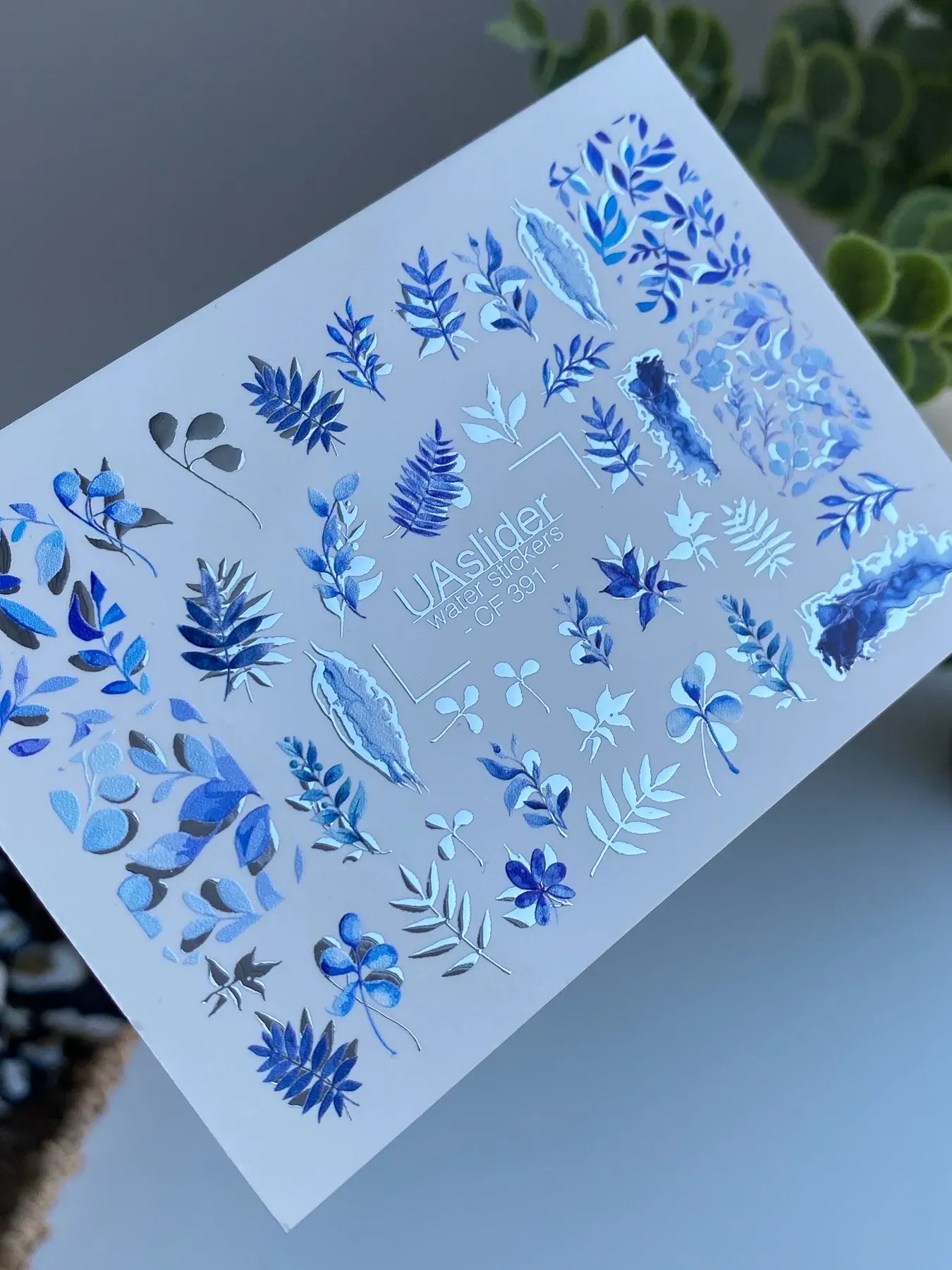 Slider-Design CF 391 | Wasser-Decals mit Foil-Effekt | Blue Botanical Leaves