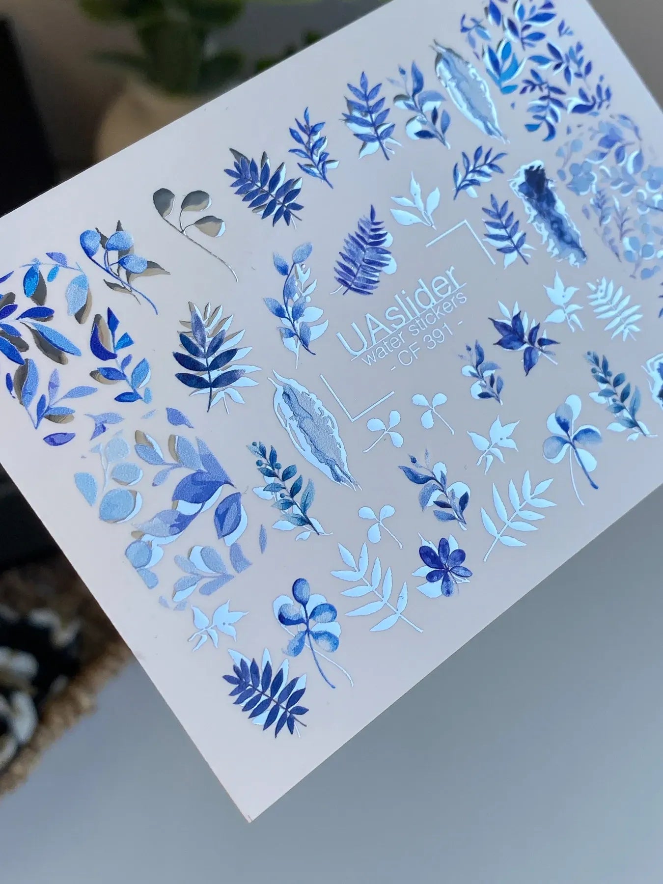 Slider-Design CF 391 | Wasser-Decals mit Foil-Effekt | Blue Botanical Leaves