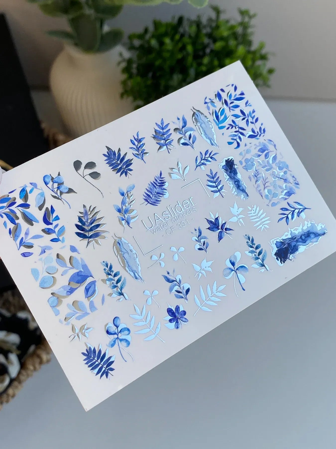 Slider-Design CF 391 | Wasser-Decals mit Foil-Effekt | Blue Botanical Leaves