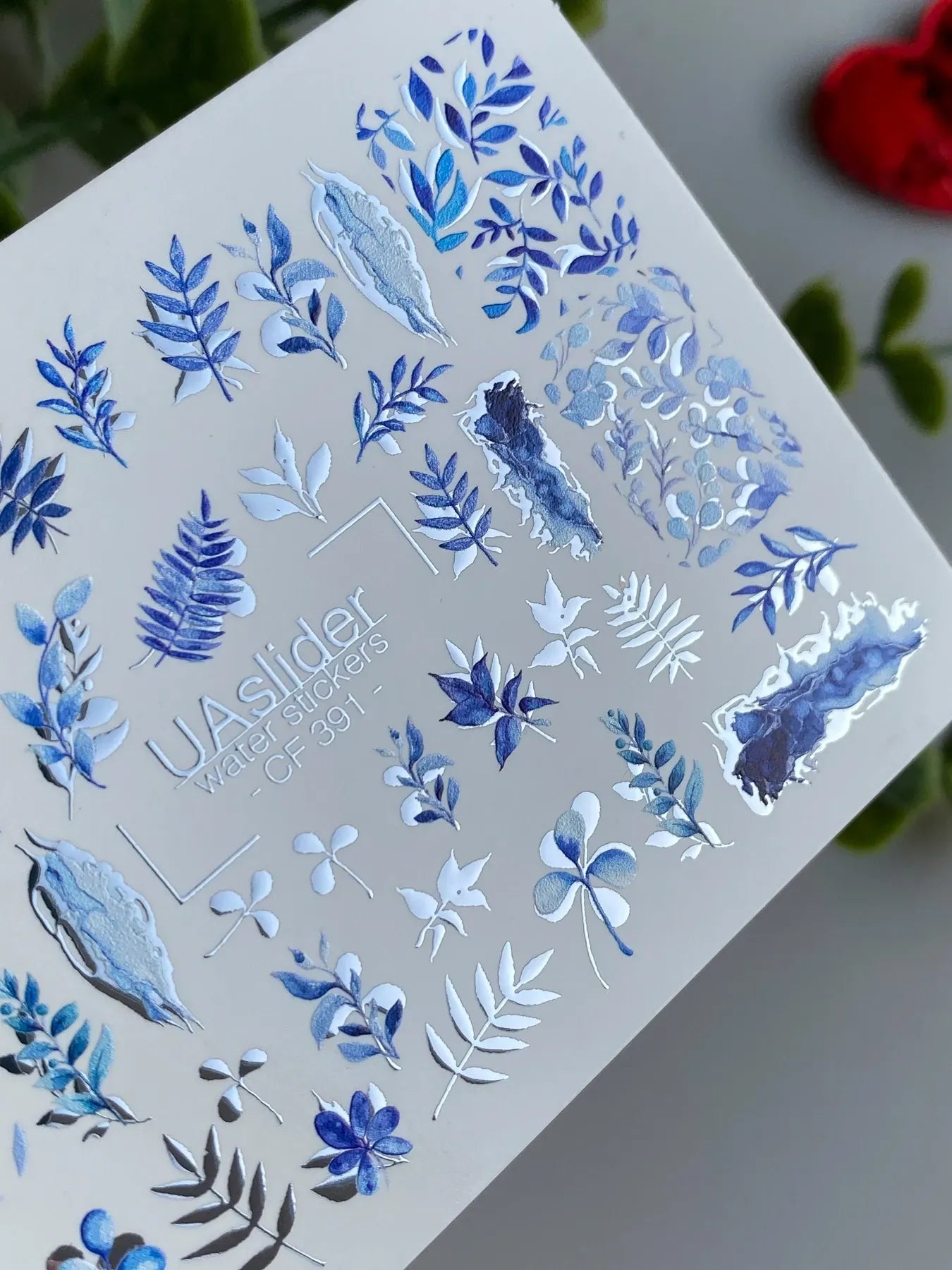 Slider-Design CF 391 | Wasser-Decals mit Foil-Effekt | Blue Botanical Leaves