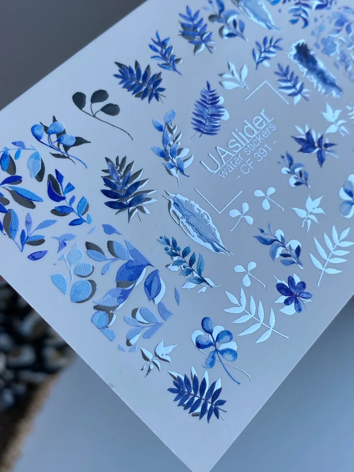 Slider-Design CF 391 | Wasser-Decals mit Foil-Effekt | Blue Botanical Leaves