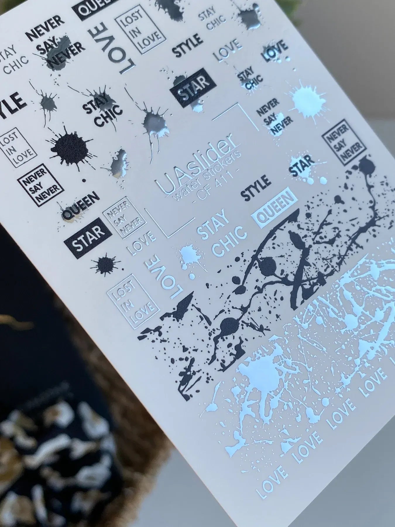 Slider-Design CF 411 | Wasser-Decals mit Foil-Effekt | Fashion Quotes & Ink Splashes