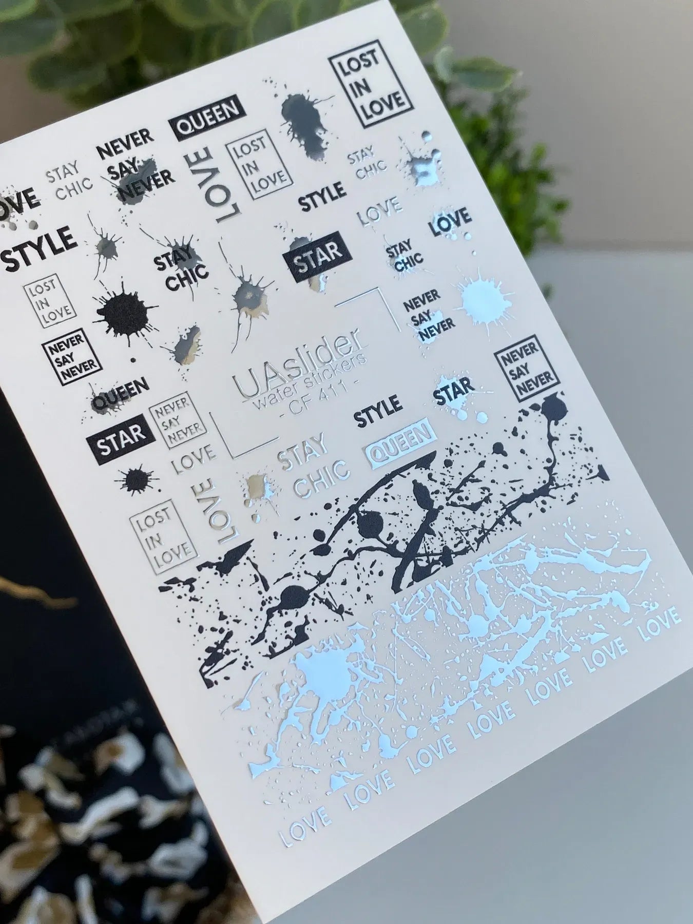 Slider-Design CF 411 | Wasser-Decals mit Foil-Effekt | Fashion Quotes & Ink Splashes
