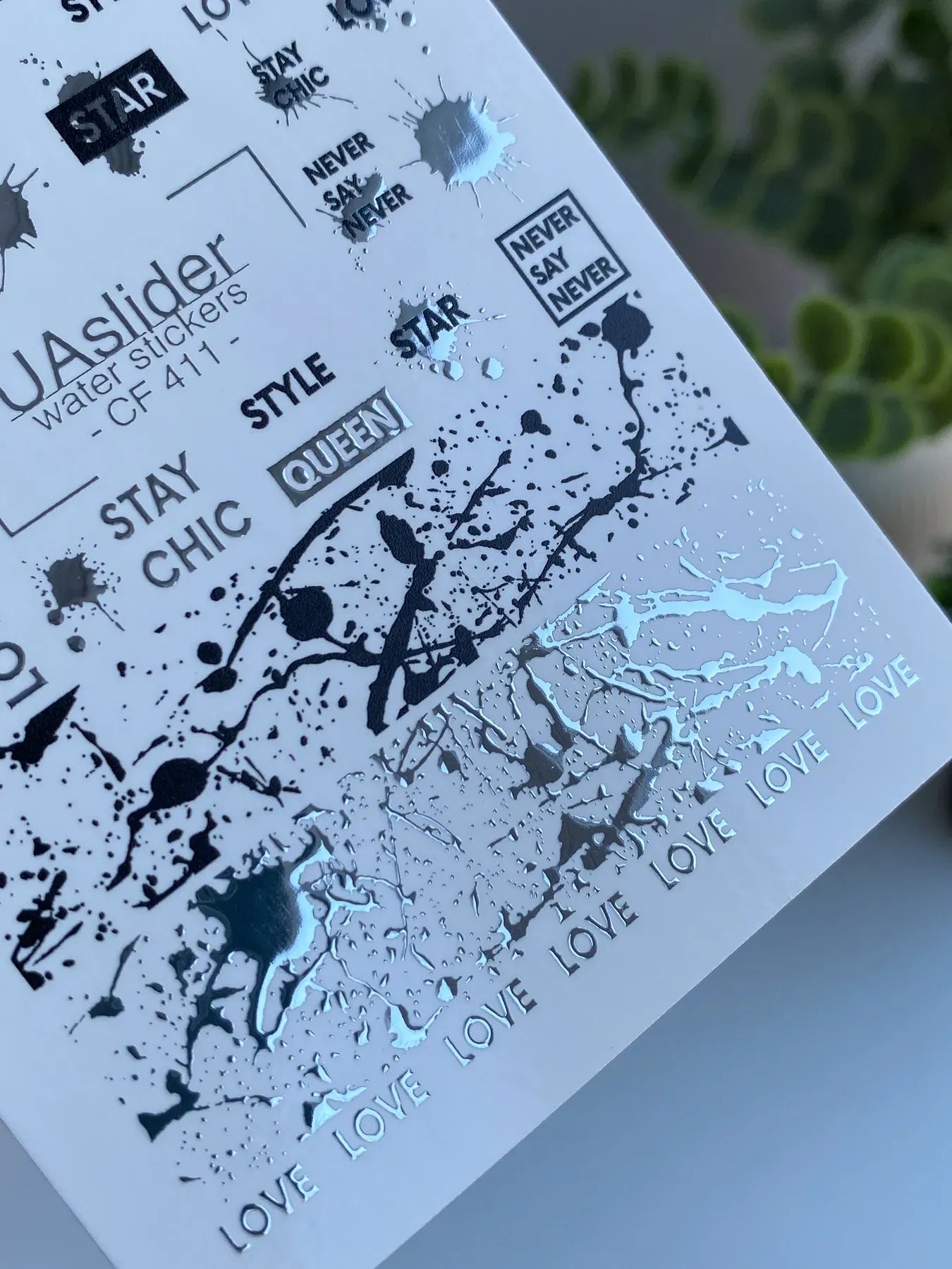 Slider-Design CF 411 | Wasser-Decals mit Foil-Effekt | Fashion Quotes & Ink Splashes