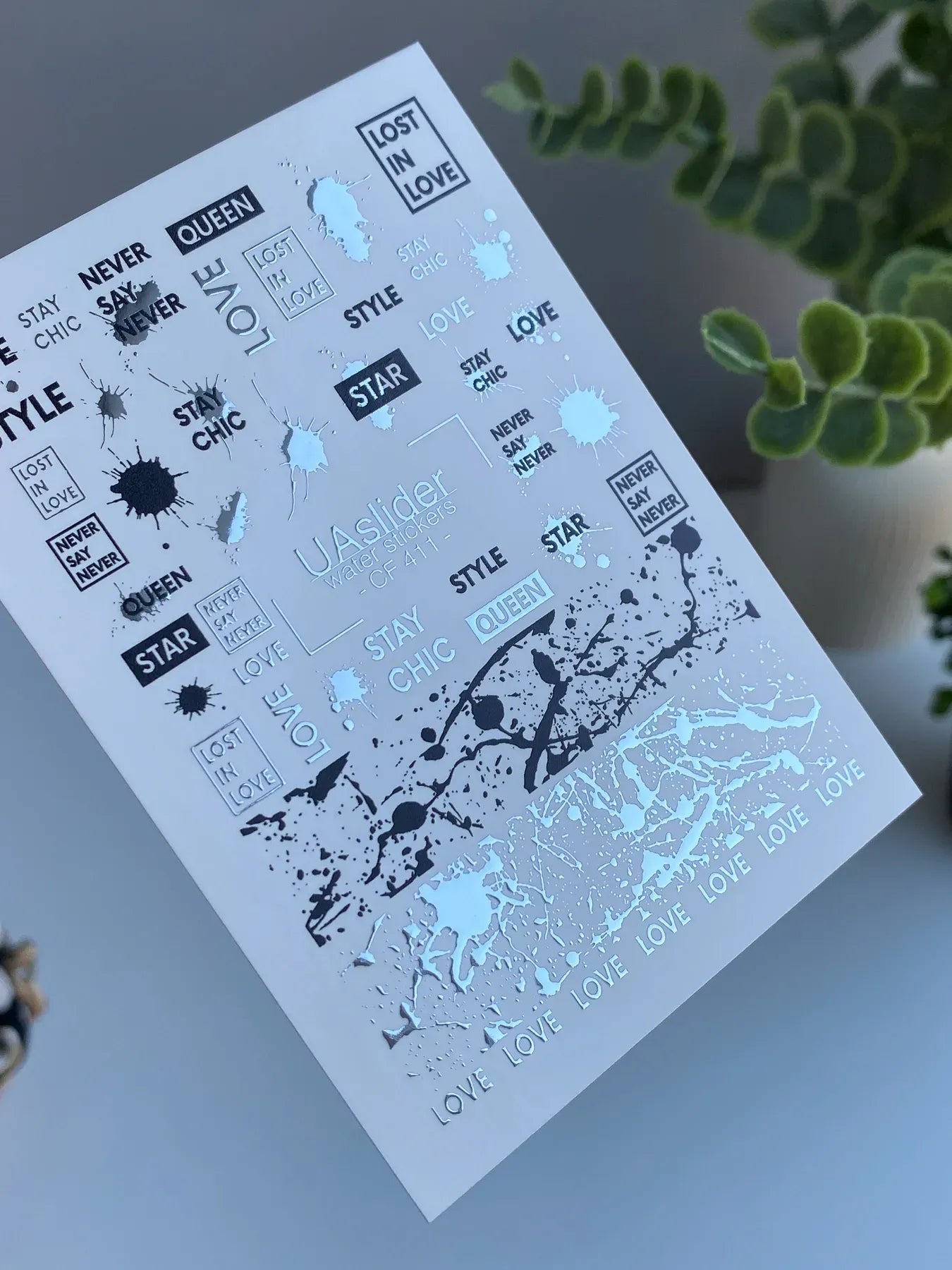 Slider-Design CF 411 | Wasser-Decals mit Foil-Effekt | Fashion Quotes & Ink Splashes