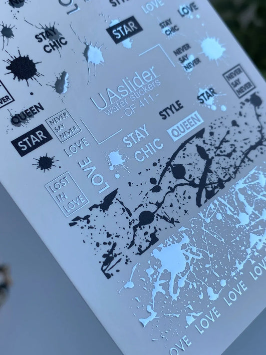 Slider-Design CF 411 | Wasser-Decals mit Foil-Effekt | Fashion Quotes & Ink Splashes