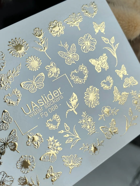 Slider-Design FG 068 | Wasser-Decals mit Goldfolie | Floral & Butterflies