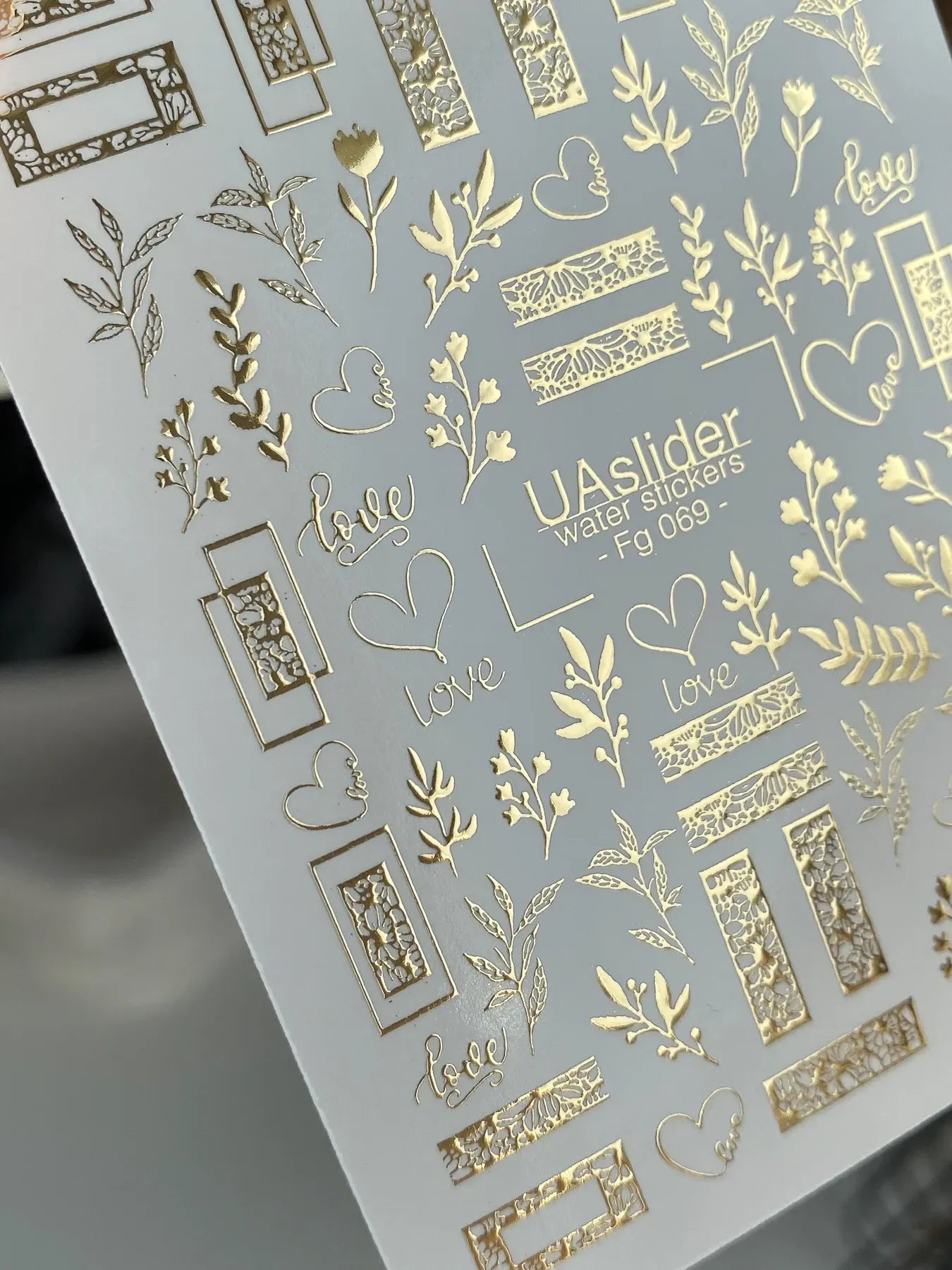Slider-Design FG 069 | Wasser-Decals mit Goldfolie | Botanical Frames & Love Elements