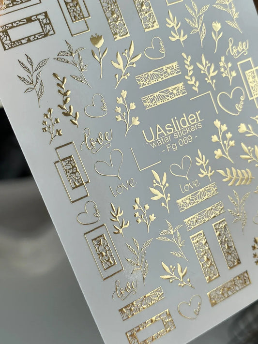 Slider-Design FG 069 | Wasser-Decals mit Goldfolie | Botanical Frames & Love Elements