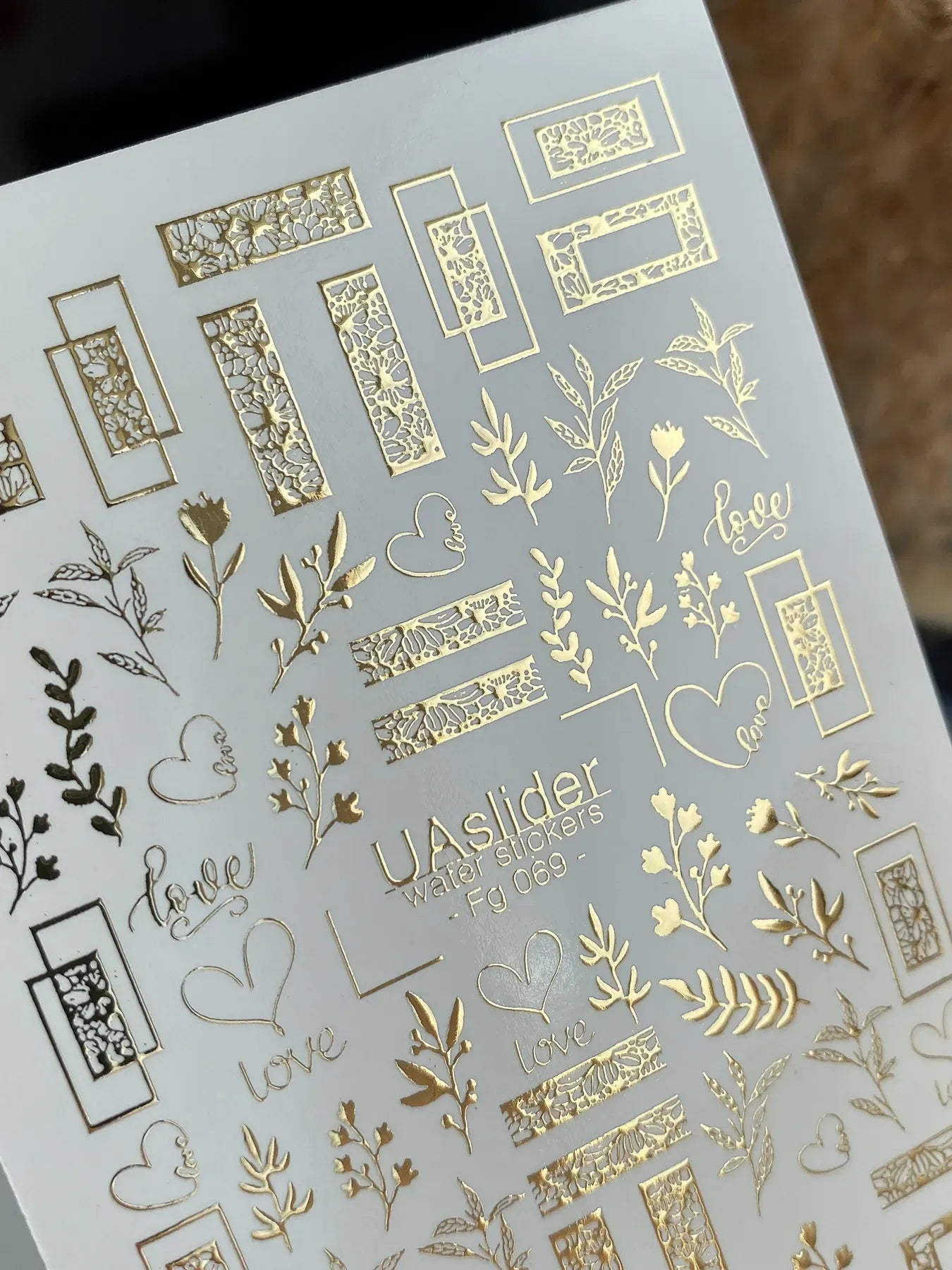 Slider-Design FG 069 | Wasser-Decals mit Goldfolie | Botanical Frames & Love Elements