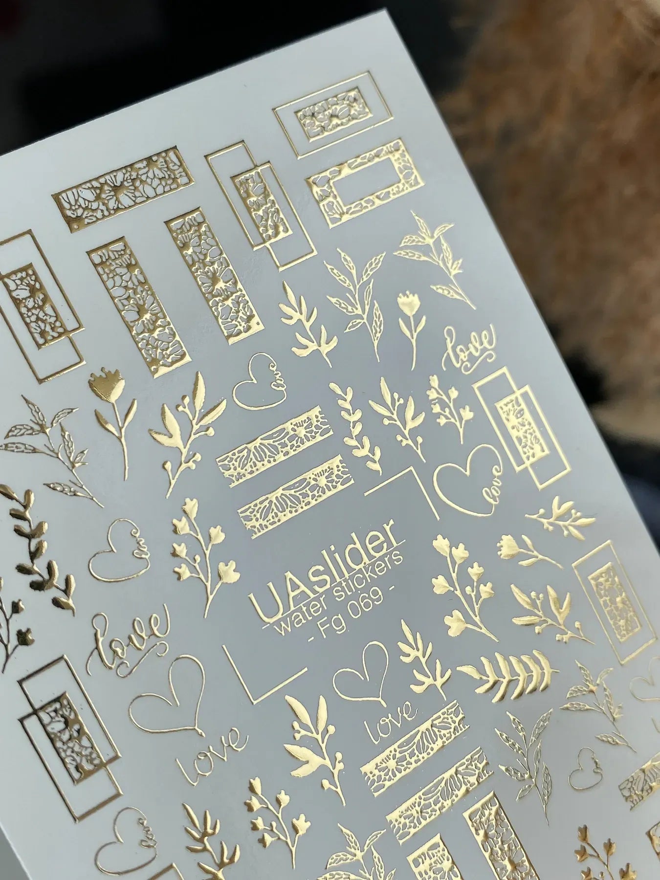 Slider-Design FG 069 | Wasser-Decals mit Goldfolie | Botanical Frames & Love Elements